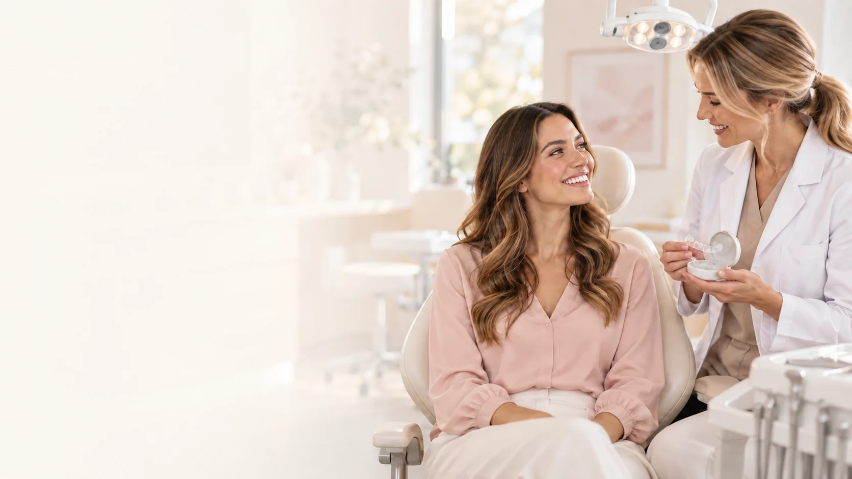 Dentist showing a clear aligner to a smiling patient