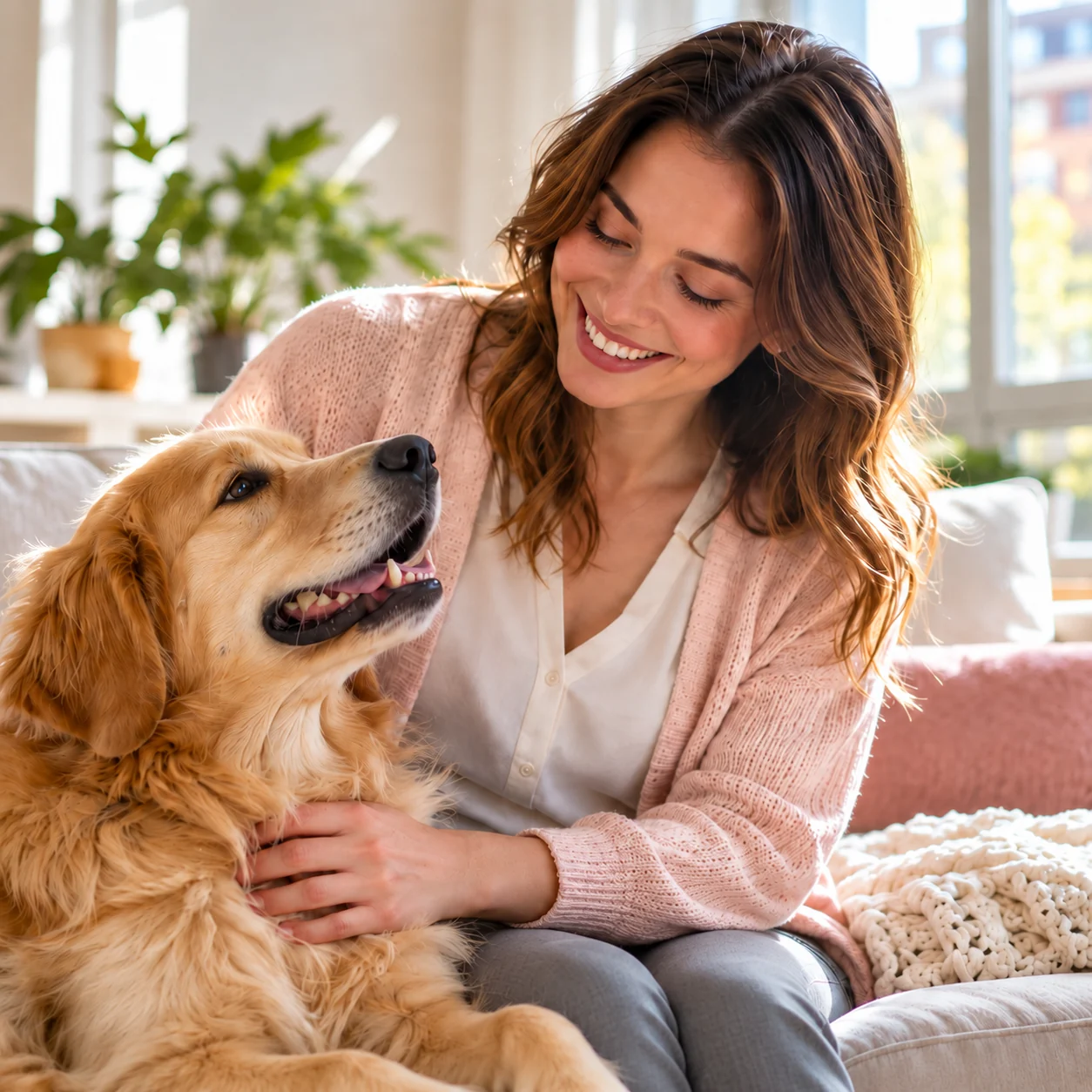 Pet owner smiling at her golden retriever at home
